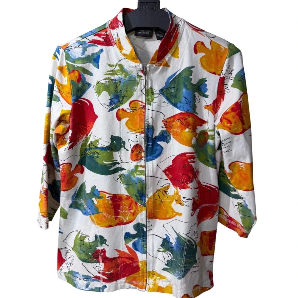Chico's Medium Size 1 Colorful Abstract Zip Up Jacket Wearable Art Lightweight